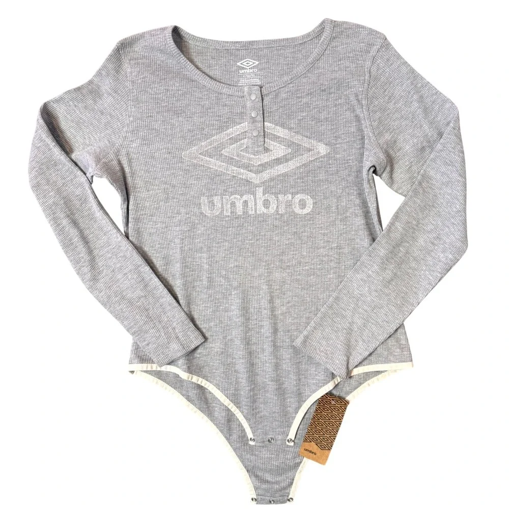 Womens Thermal Waffle Knit Henley Bodysuit Long Sleeve Size XL Gray Umbro NEW - Picture 1 of 11